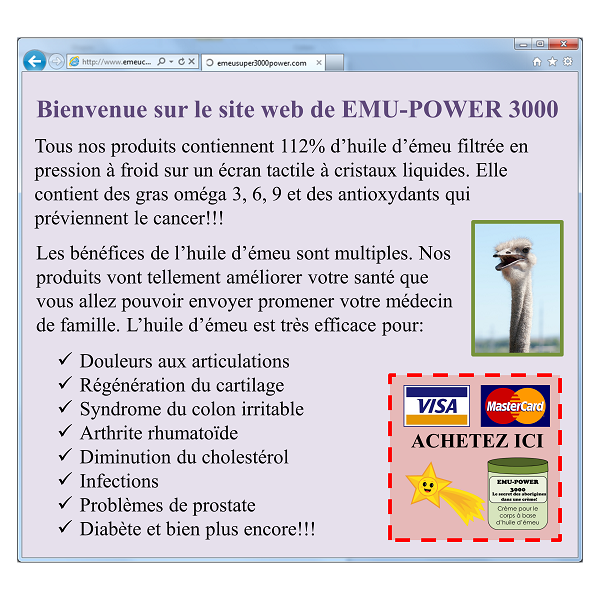 Site web typique pour acheter de l'huile d'émeu et qui exagère son efficacité