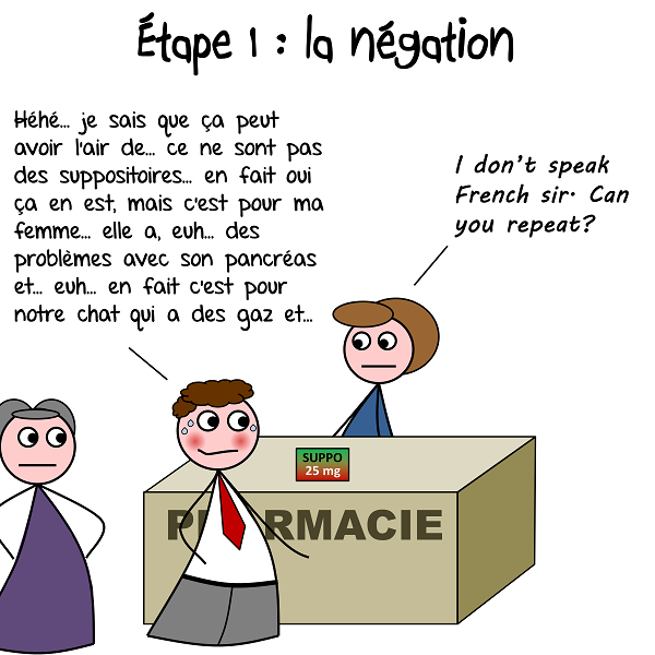 L'homme invente des excuses en achetant des suppositoires à la pharmacie